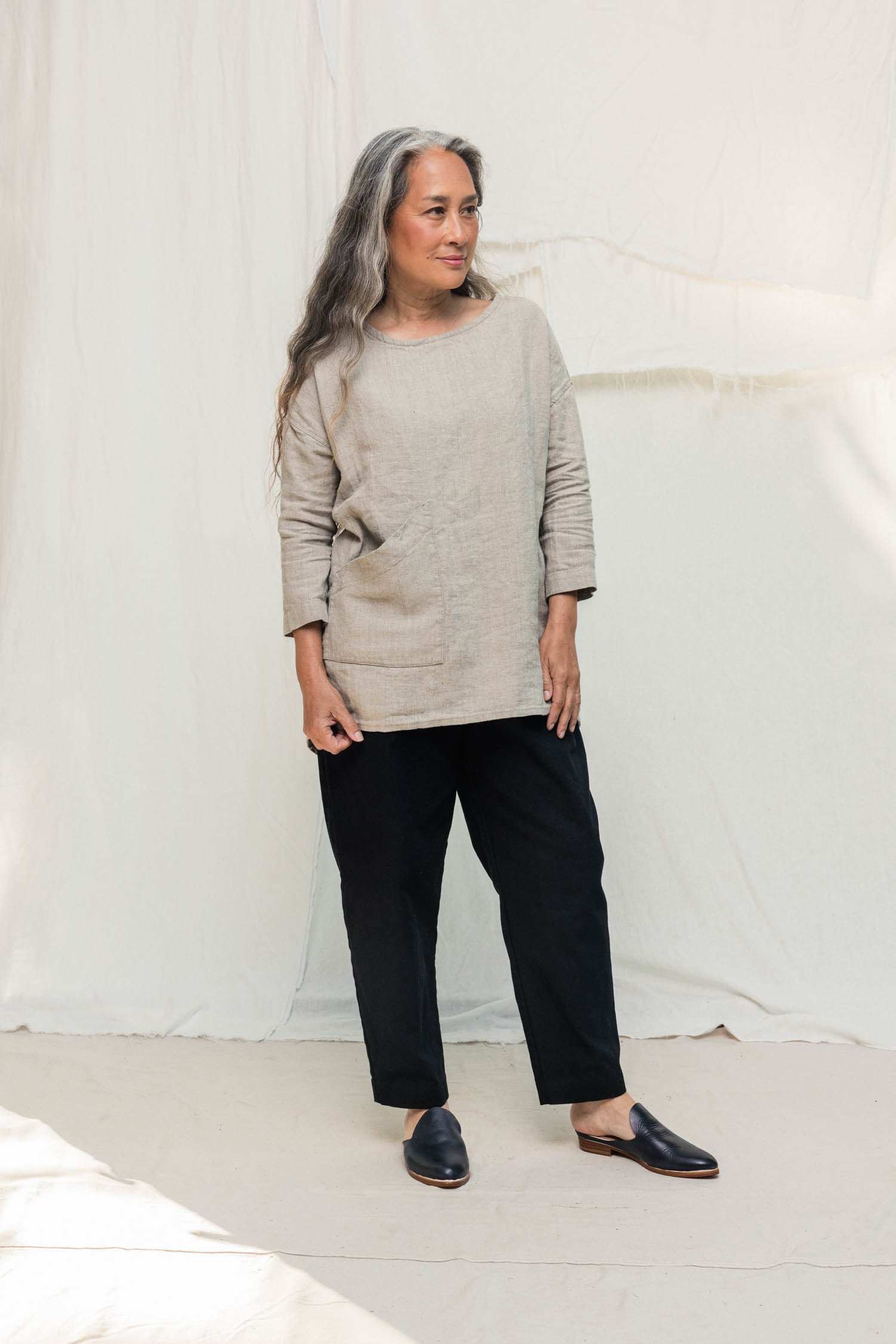 Long Sleeve Harper Tunic in Midweight Linen Flax#color_flax
