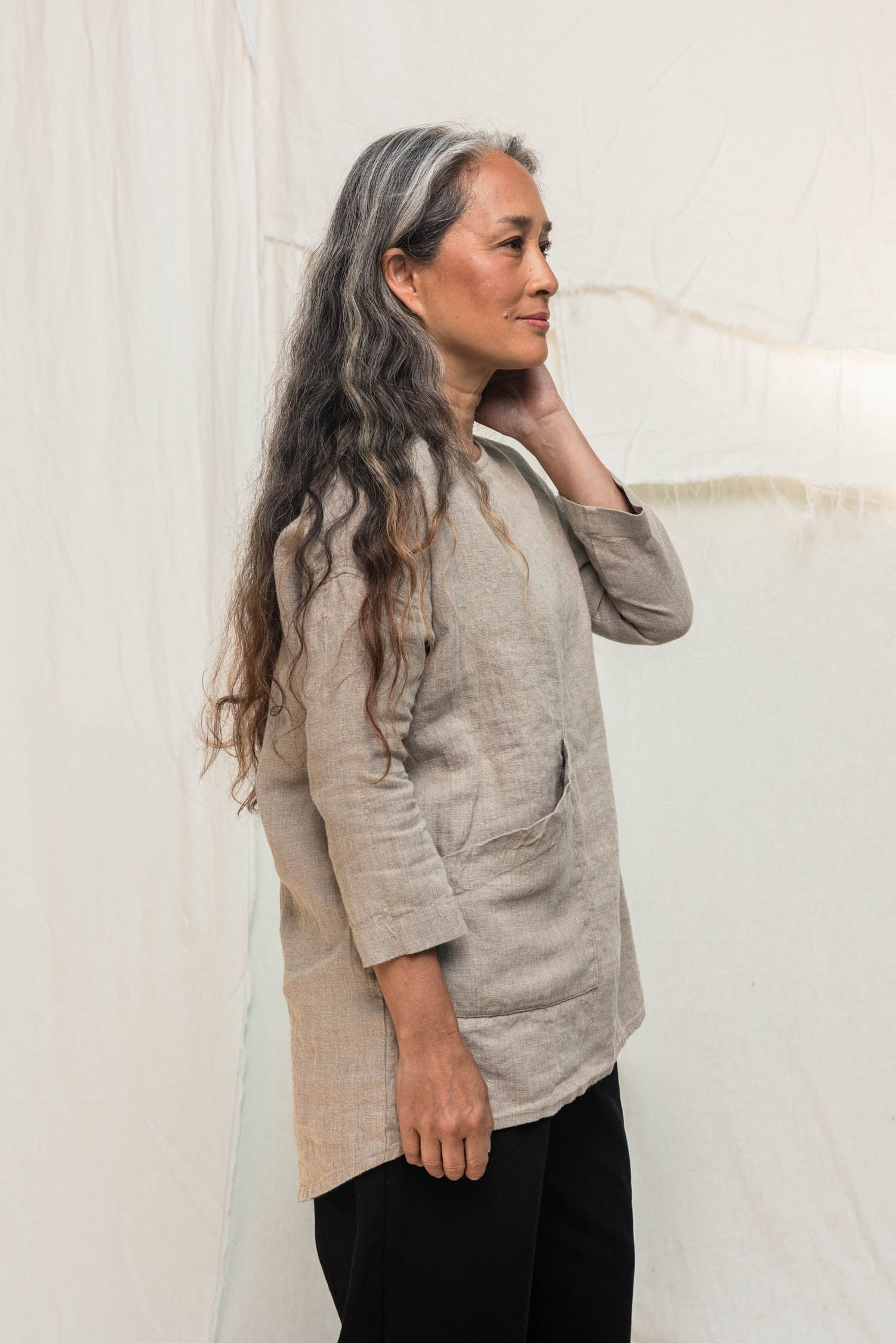 Long Sleeve Harper Tunic in Midweight Linen Flax#color_flax