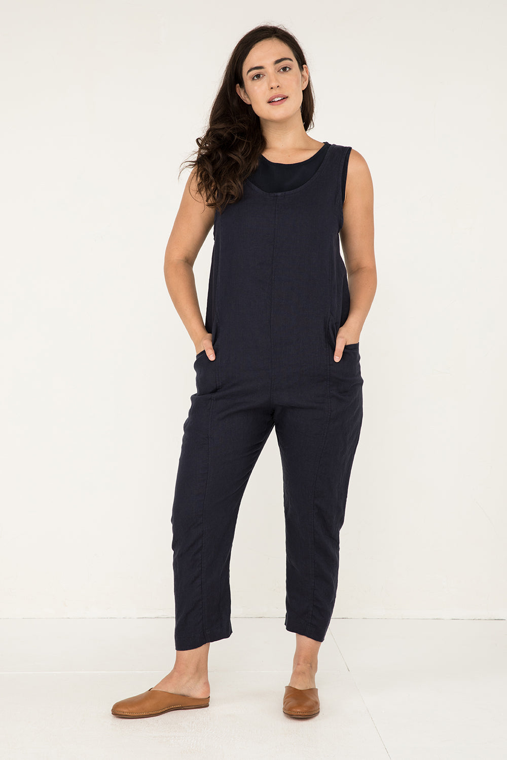 Clyde Jumpsuit in Midweight Linen#color_navy