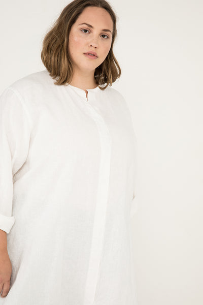 Long Sleeve Kara Snap Dress in Midweight Linen Ivory#color_ivory