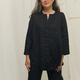 Long Sleeve Kara Snap Top in Lightweight Linen Ink#color_ink