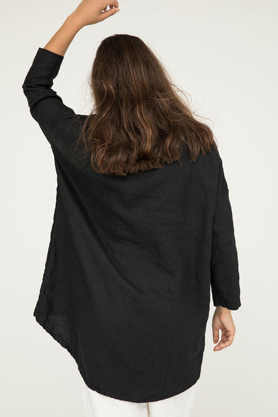 Long Sleeve Harper Tunic in Midweight Linen Black#color_black