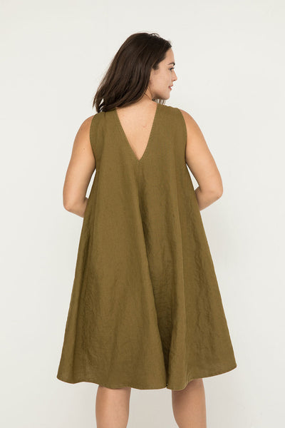 Harlow Dress in Midweight Linen Olive#color_olive