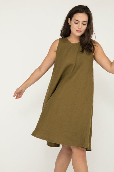 Harlow Dress in Midweight Linen Olive#color_olive